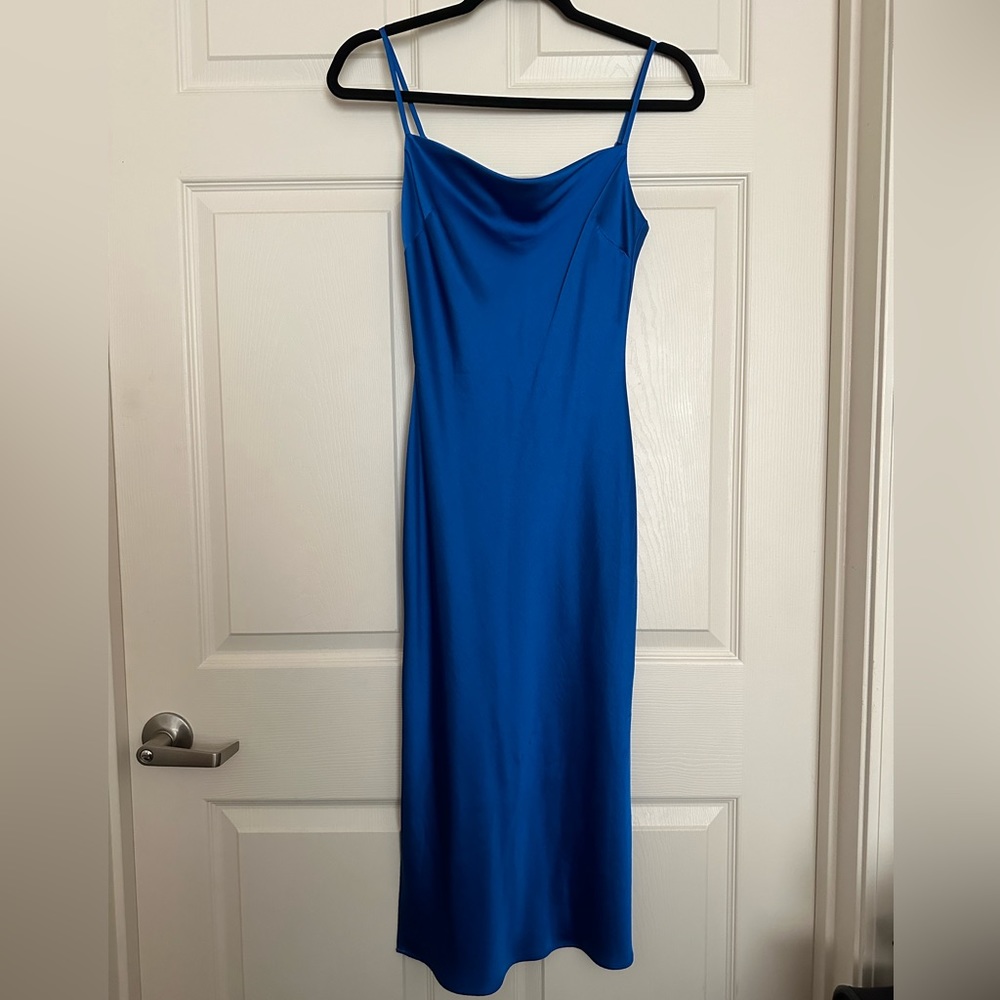 EXPRESS | Satin Cowl Neck Midi Slip Dress Blue | XXS